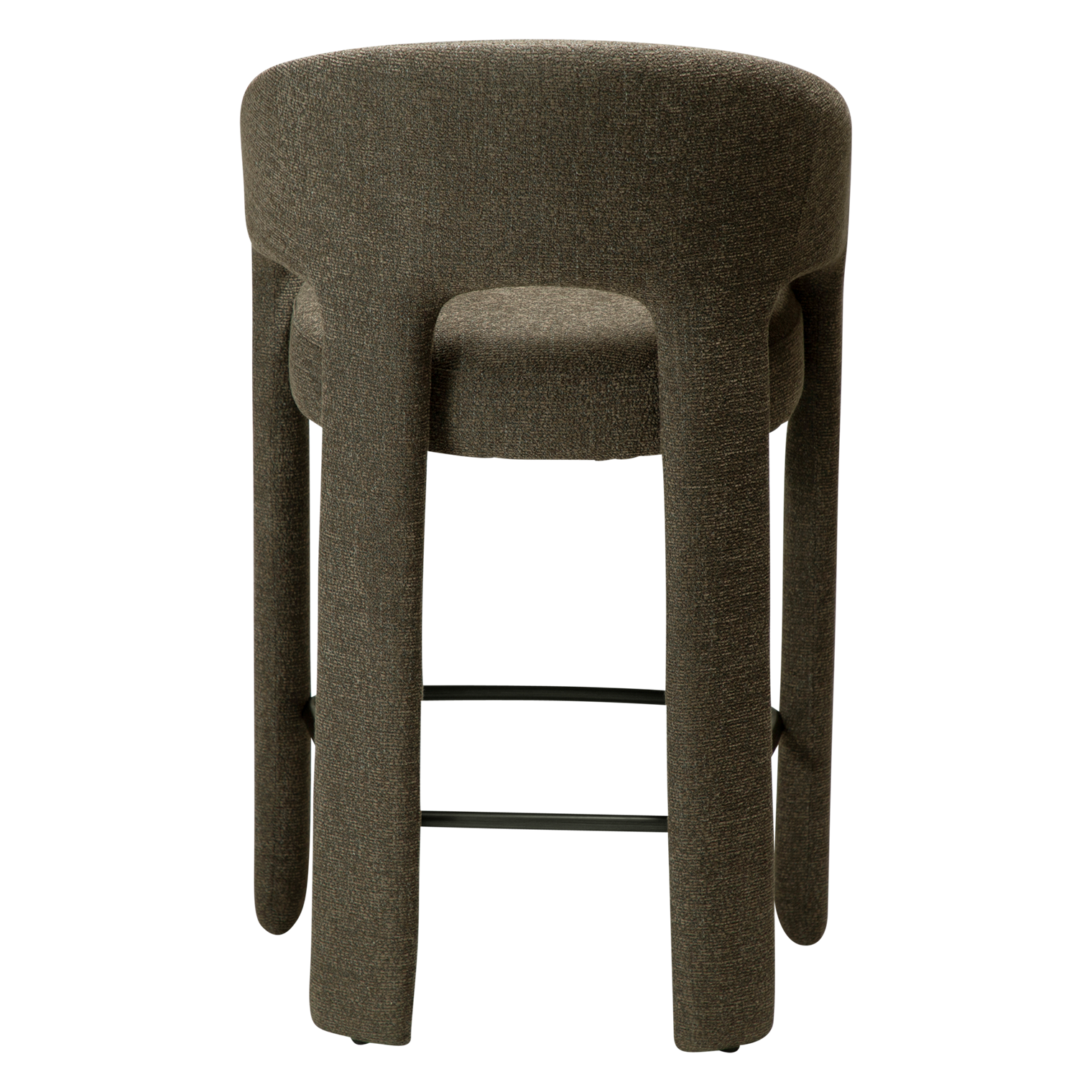 Splendor counter stool upholstered in dark olive fabric with a curved backrest, padded seat and integrated black footrest, ideal for kitchen islands and breakfast bars.