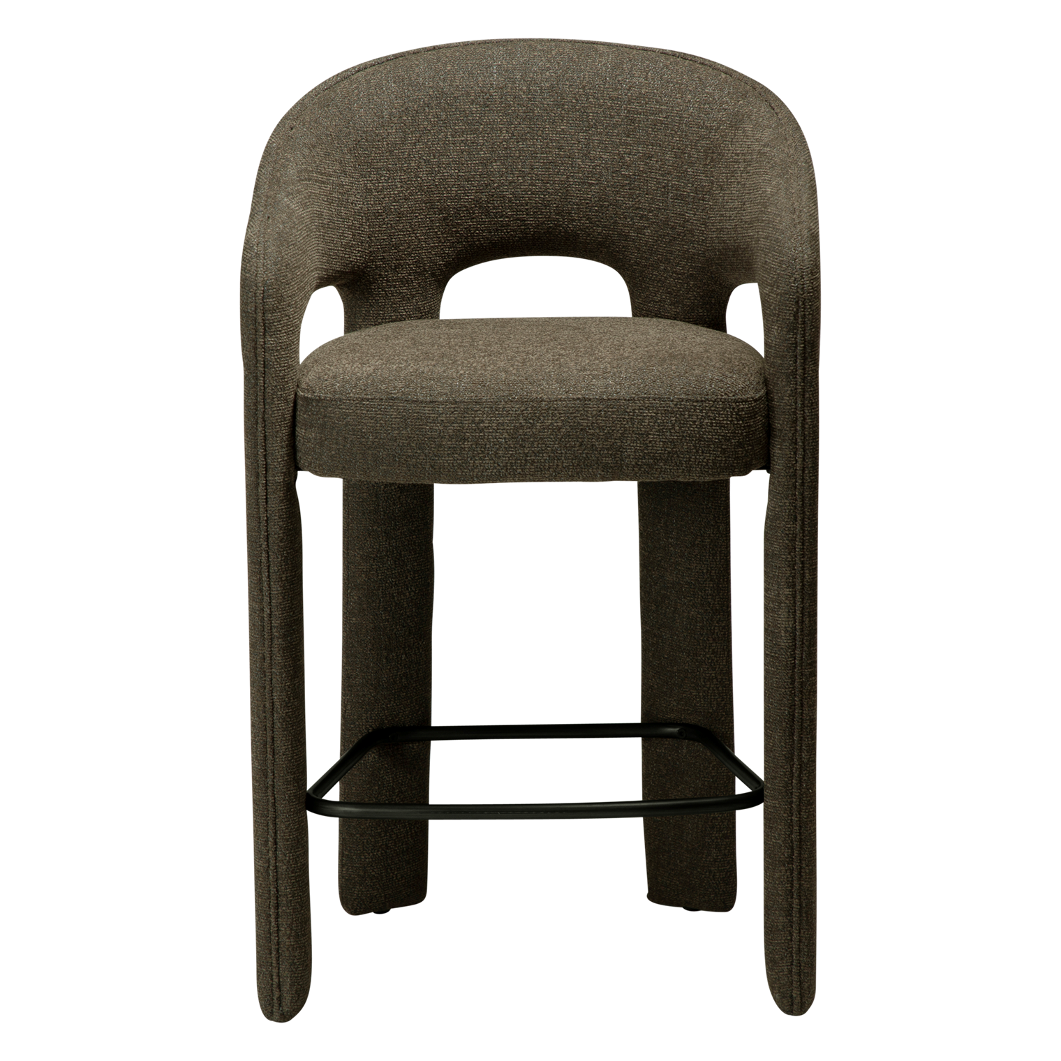 Splendor counter stool upholstered in dark olive fabric with a curved backrest, padded seat and integrated black footrest, ideal for kitchen islands and breakfast bars.
