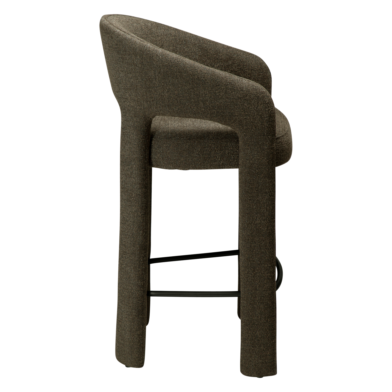 Splendor counter stool upholstered in dark olive fabric with a curved backrest, padded seat and integrated black footrest, ideal for kitchen islands and breakfast bars.