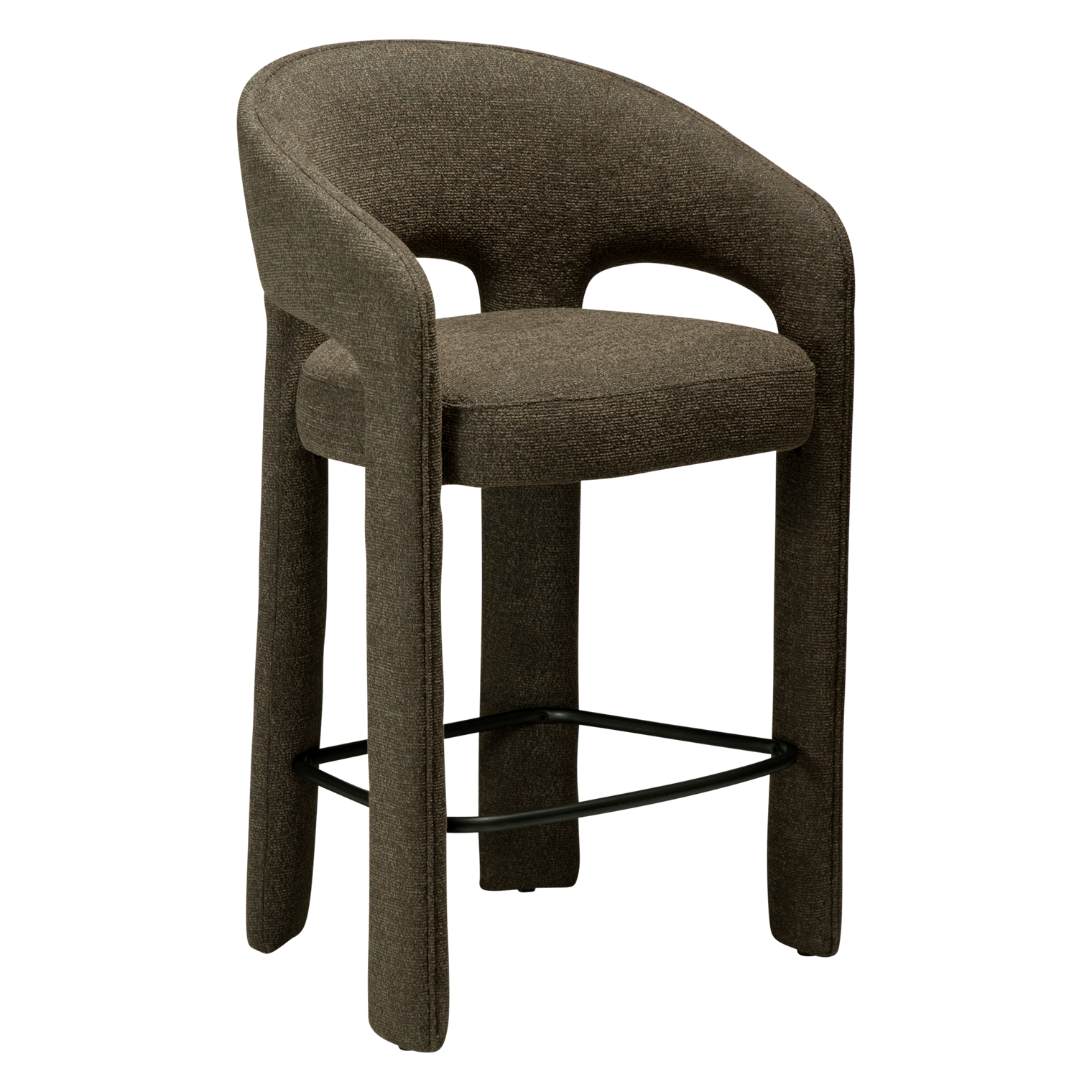 Splendor counter stool upholstered in dark olive fabric with a curved backrest, padded seat and integrated black footrest, ideal for kitchen islands and breakfast bars.