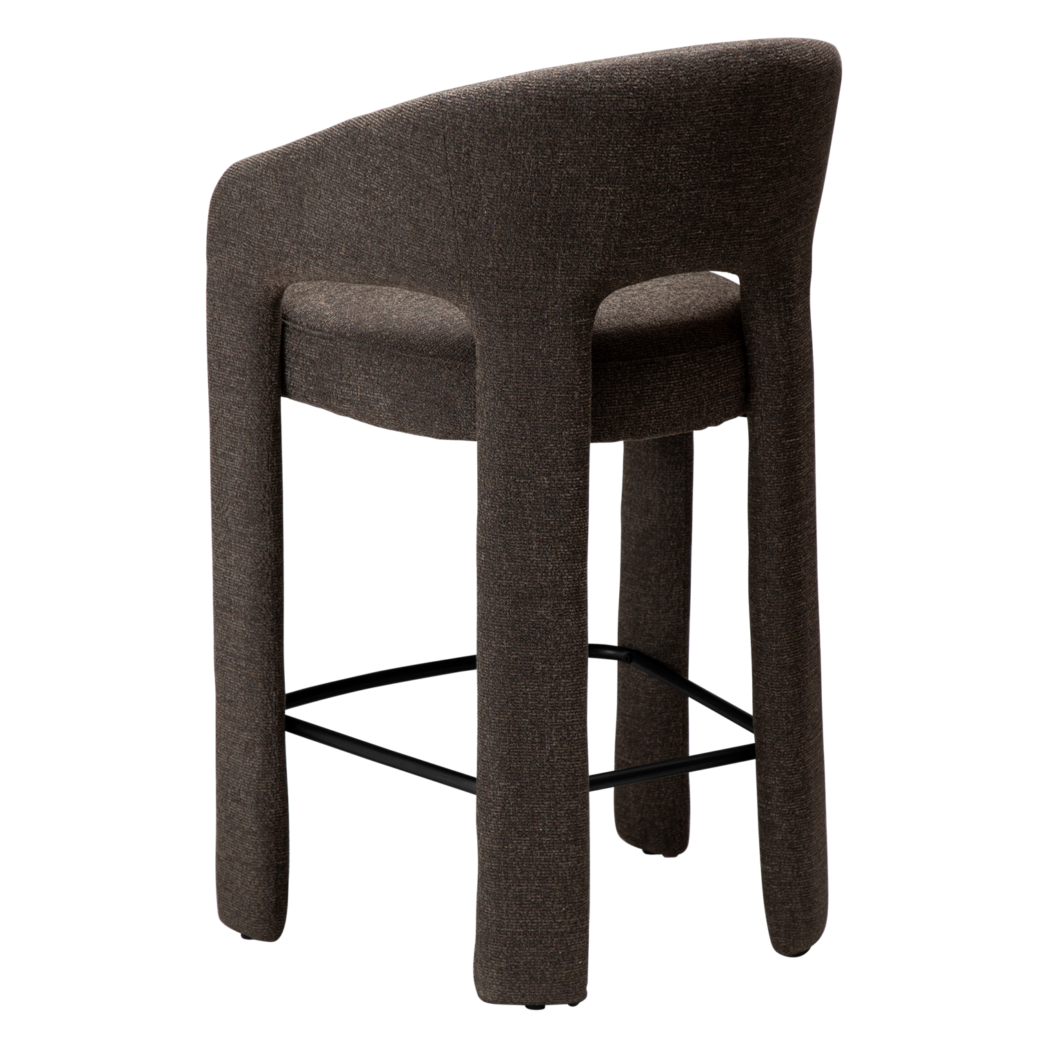 Splendor counter stool upholstered in major brown bouclé fabric with a curved backrest, padded seat and integrated black footrest, ideal for kitchen islands and breakfast bars.