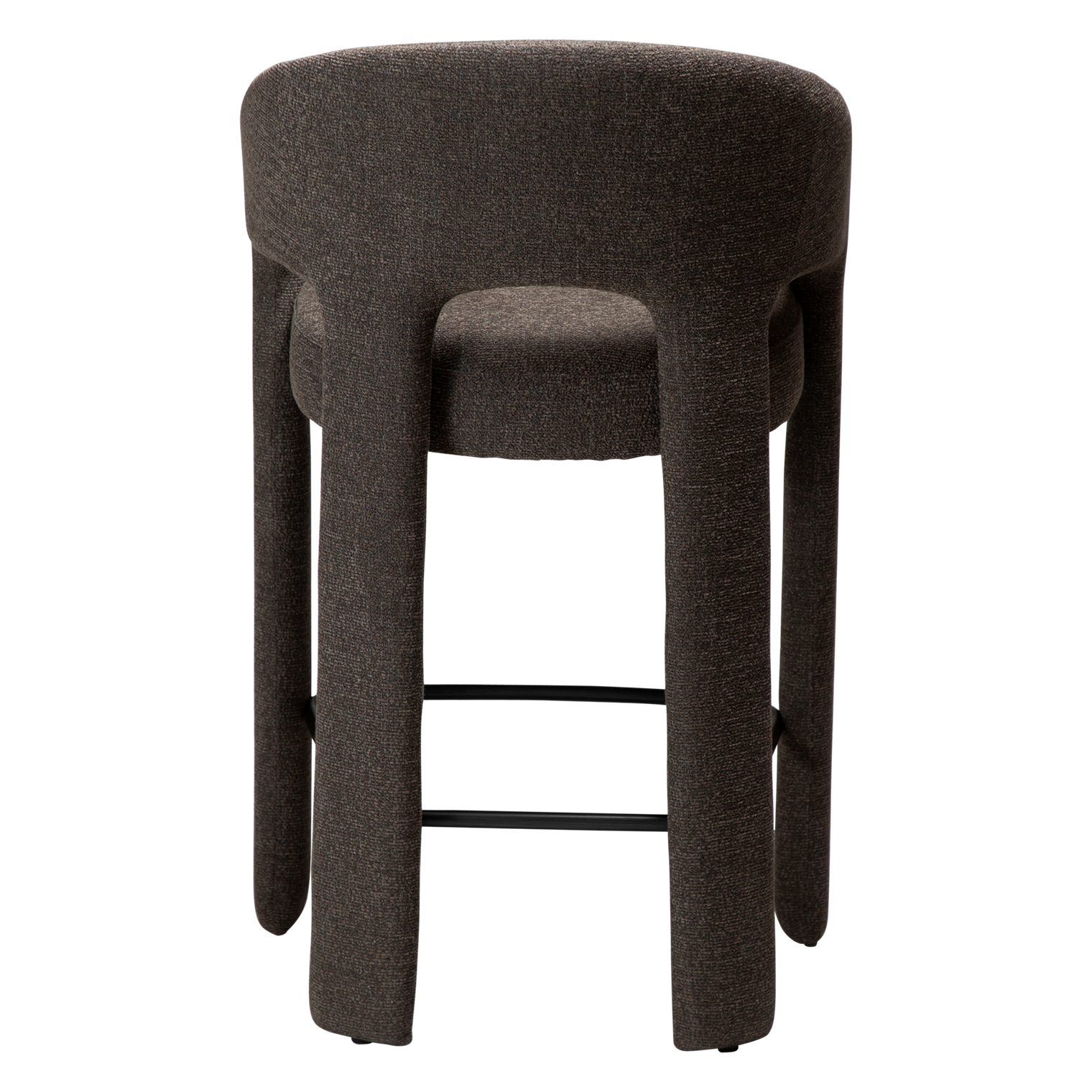 Splendor counter stool upholstered in major brown bouclé fabric with a curved backrest, padded seat and integrated black footrest, ideal for kitchen islands and breakfast bars.