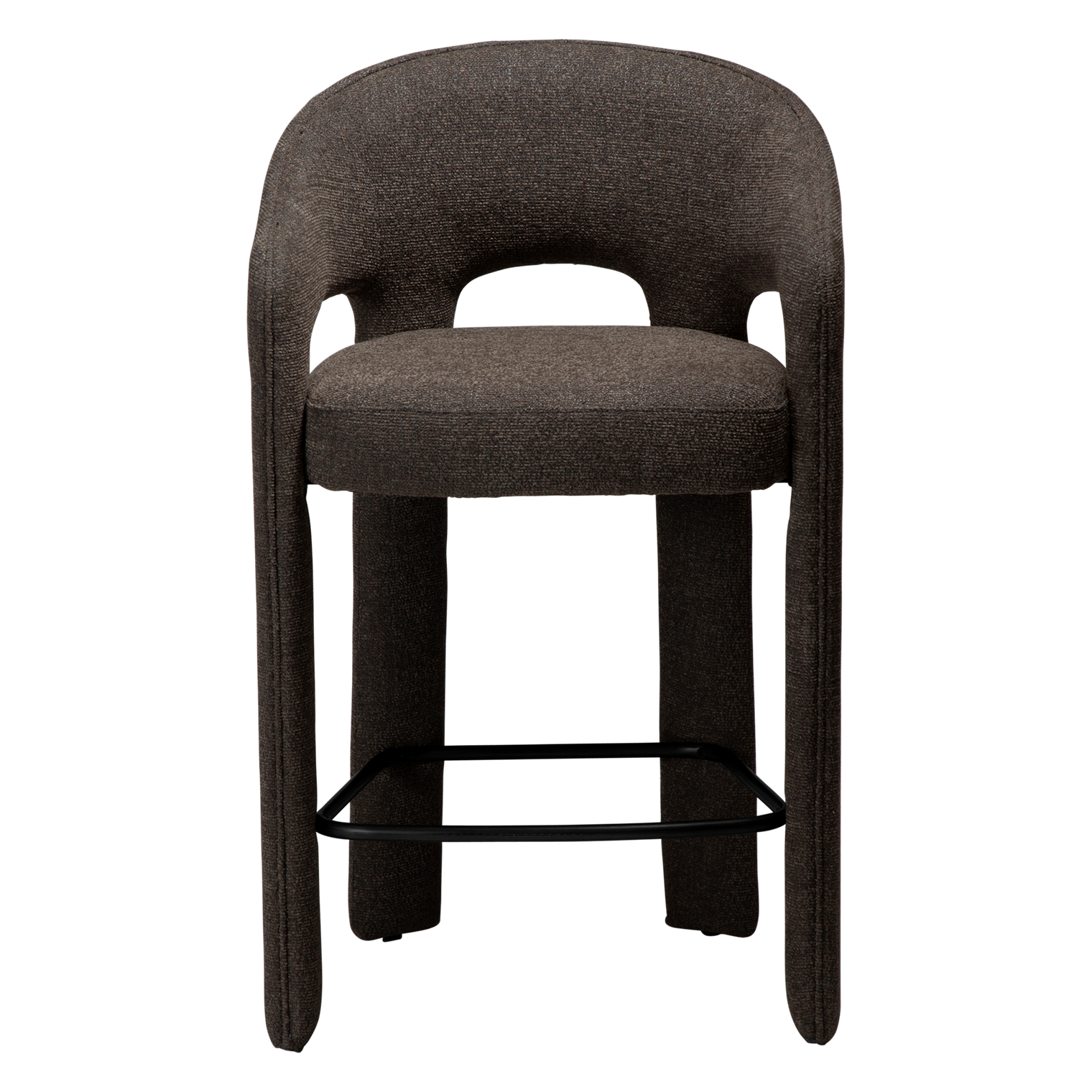 Splendor counter stool upholstered in major brown bouclé fabric with a curved backrest, padded seat and integrated black footrest, ideal for kitchen islands and breakfast bars.