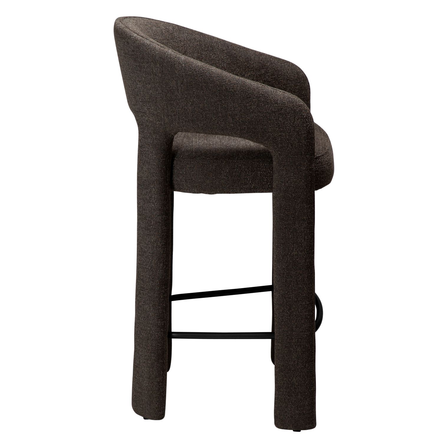 Splendor counter stool upholstered in major brown bouclé fabric with a curved backrest, padded seat and integrated black footrest, ideal for kitchen islands and breakfast bars.