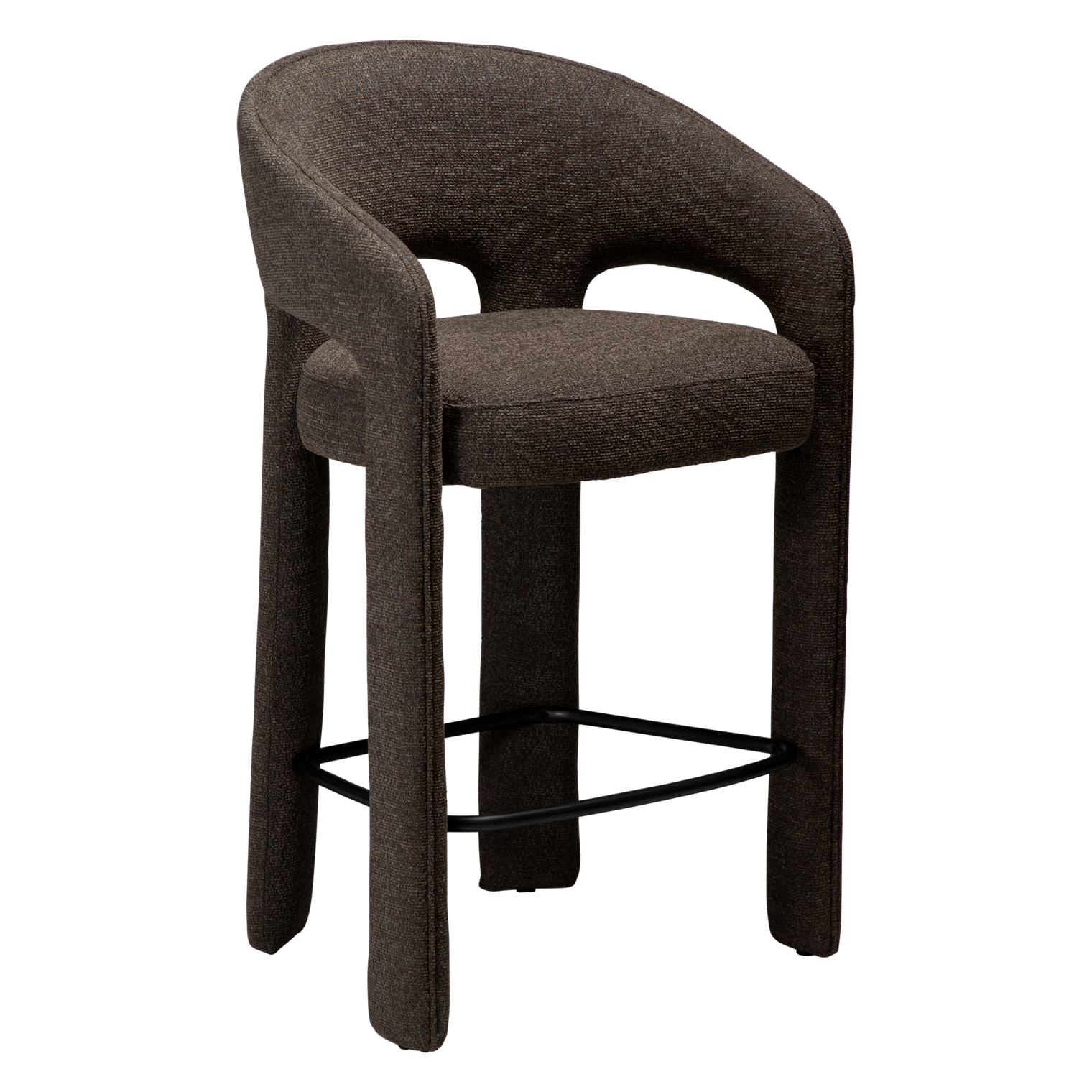 Splendor counter stool upholstered in major brown bouclé fabric with a curved backrest, padded seat and integrated black footrest, ideal for kitchen islands and breakfast bars.