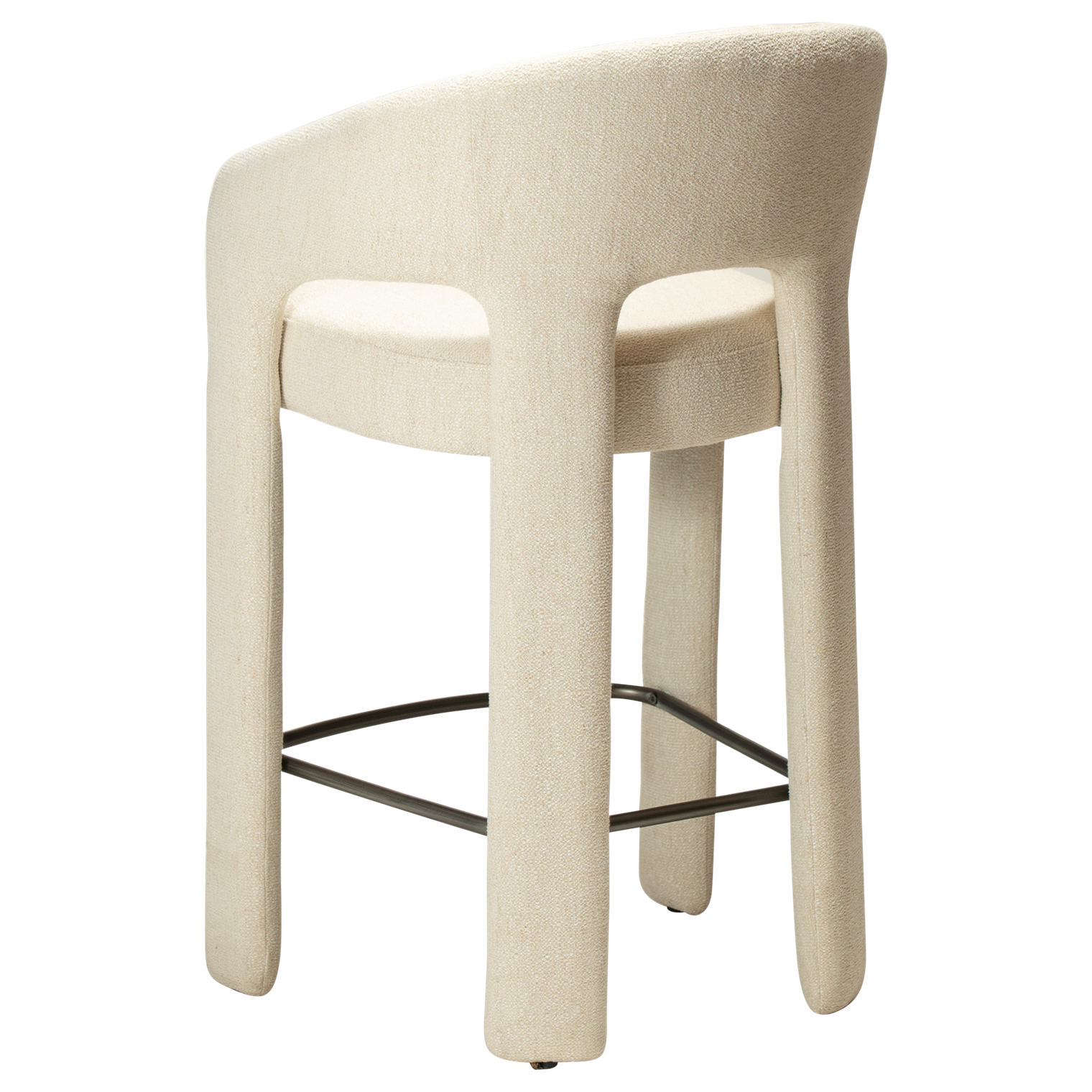 Splendor counter stool upholstered in simply beige fabric with a curved backrest, padded seat and integrated black footrest, ideal for kitchen islands and breakfast bars.