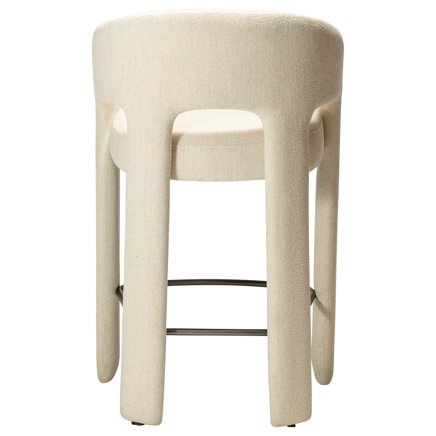 Splendor counter stool upholstered in simply beige fabric with a curved backrest, padded seat and integrated black footrest, ideal for kitchen islands and breakfast bars.