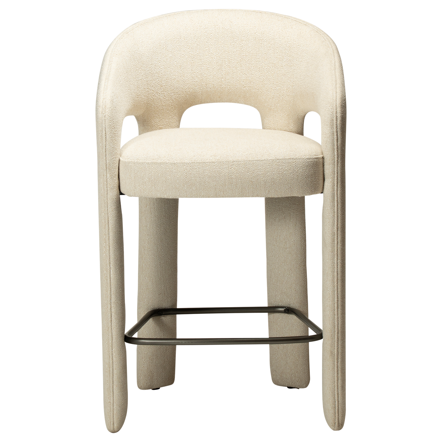 Splendor counter stool upholstered in simply beige fabric with a curved backrest, padded seat and integrated black footrest, ideal for kitchen islands and breakfast bars.