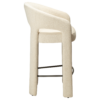 Splendor counter stool upholstered in simply beige fabric with a curved backrest, padded seat and integrated black footrest, ideal for kitchen islands and breakfast bars.