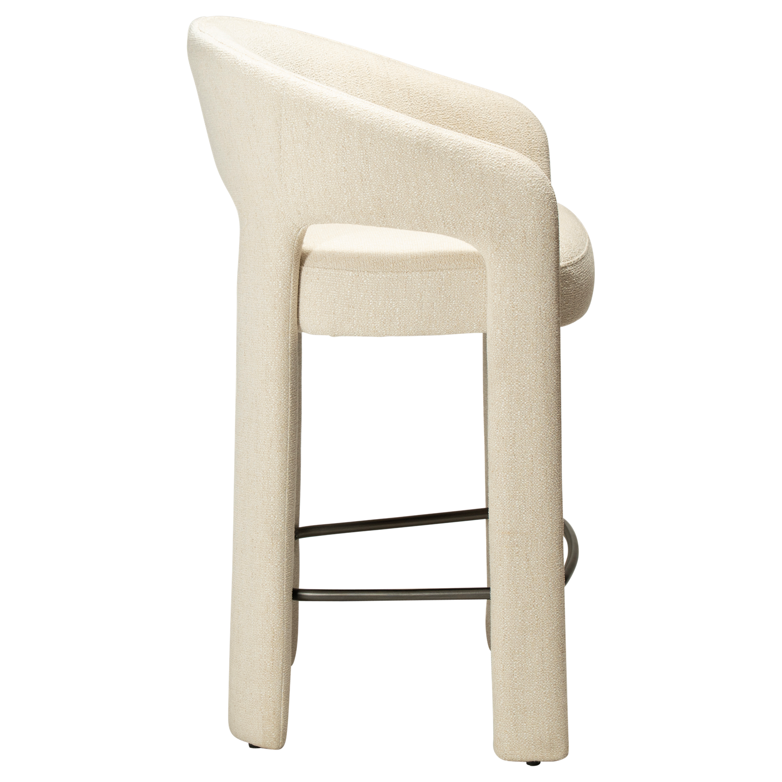 Splendor counter stool upholstered in simply beige fabric with a curved backrest, padded seat and integrated black footrest, ideal for kitchen islands and breakfast bars.