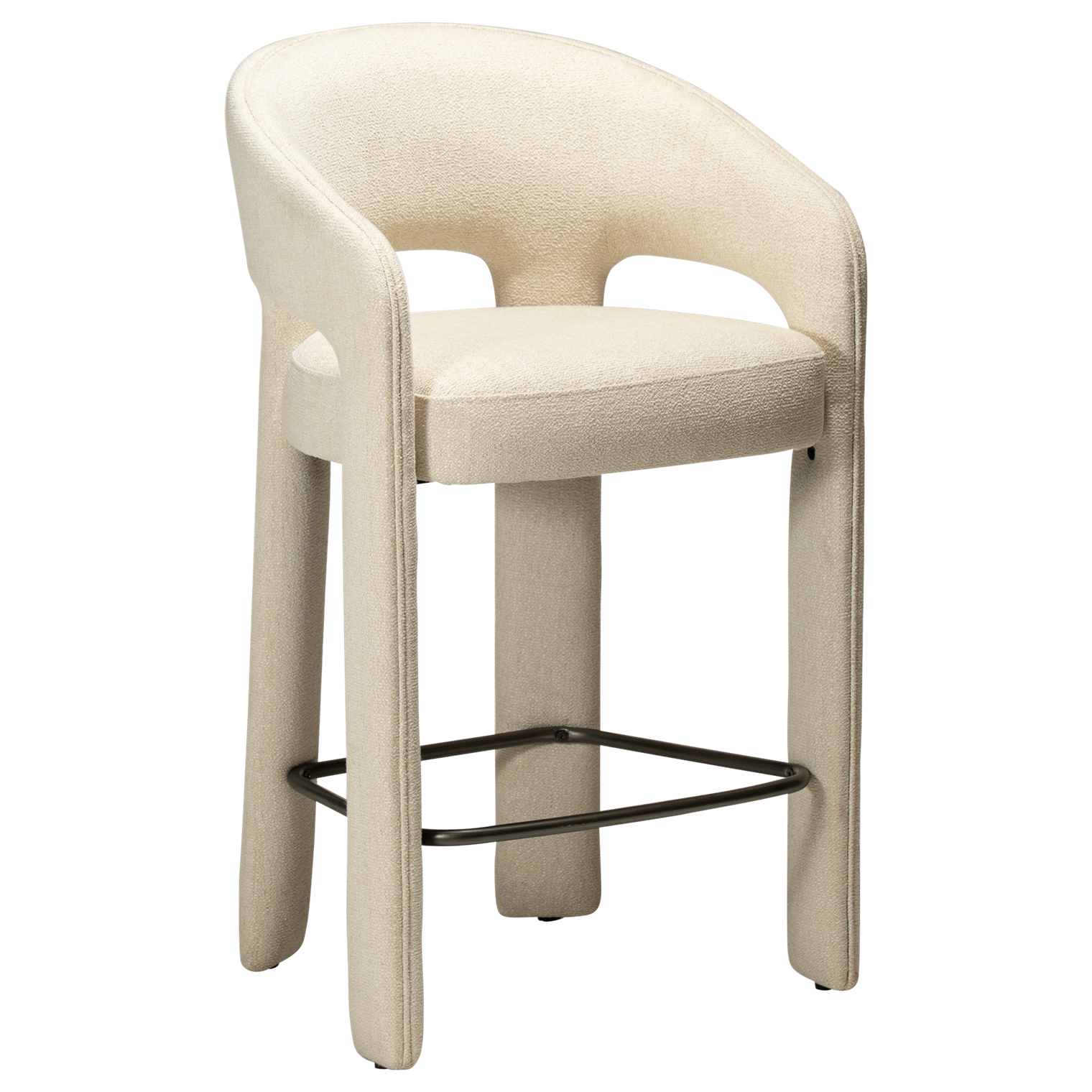 Splendor counter stool upholstered in simply beige fabric with a curved backrest, padded seat and integrated black footrest, ideal for kitchen islands and breakfast bars.
