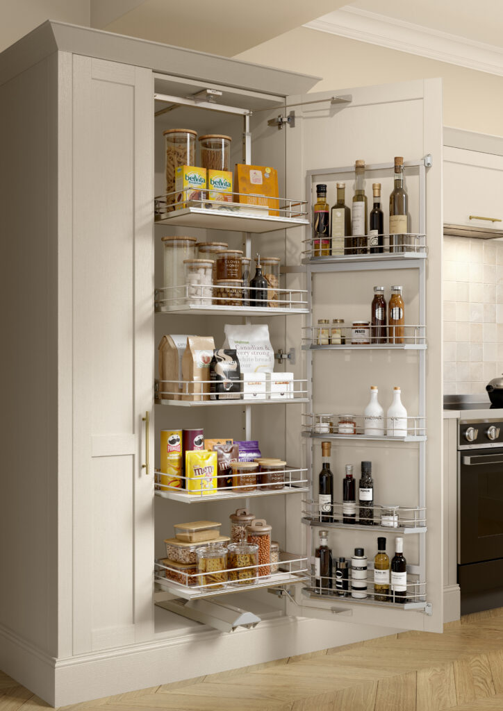 Tall pull-out pantry storage cabinet designed for easy access and kitchen organisation.