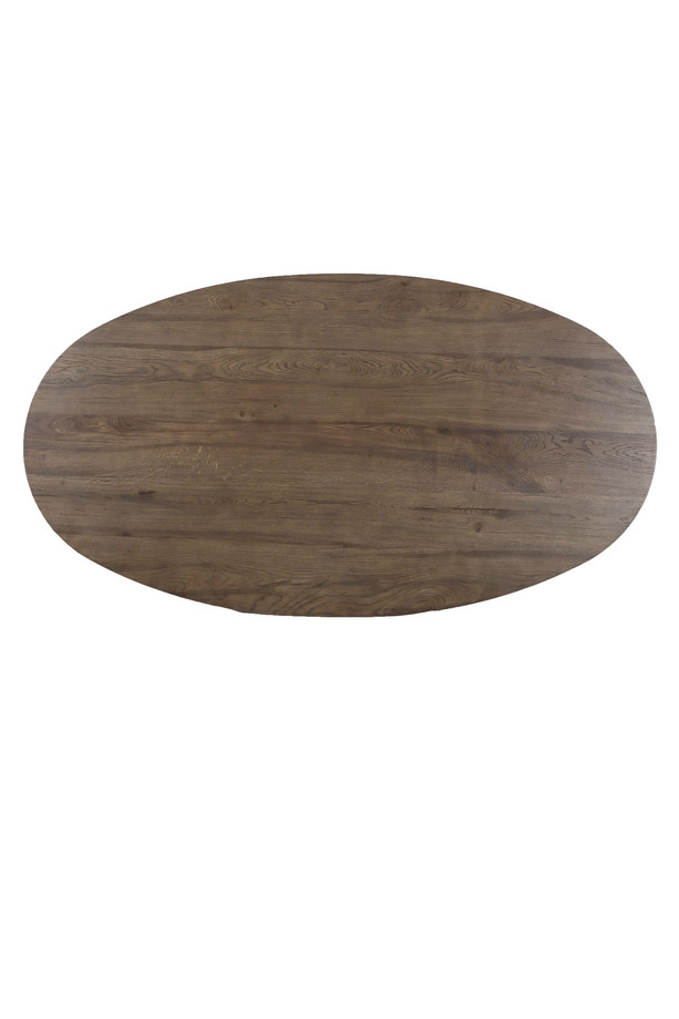 Walnut oak oval dining table with a warm wood finish, rounded tabletop, and sculptural pedestal base on a white background.