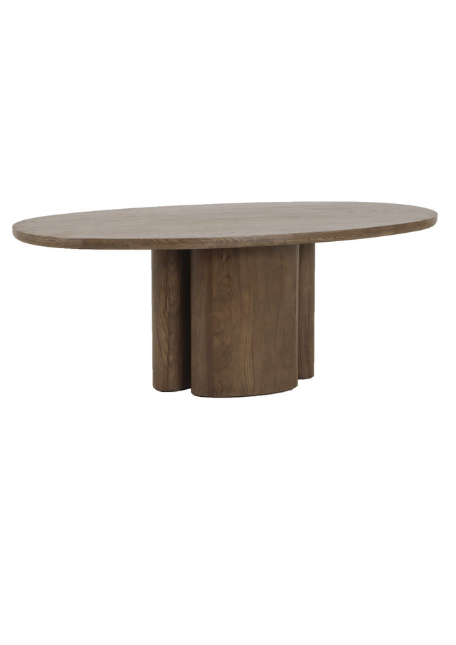 Walnut oak oval dining table with a warm wood finish, rounded tabletop, and sculptural pedestal base on a white background.