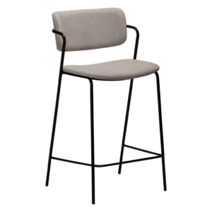 ZED counter stool upholstered in Cashmere bouclé fabric with slim black metal legs and integrated armrests, designed for modern kitchen islands and breakfast bars.