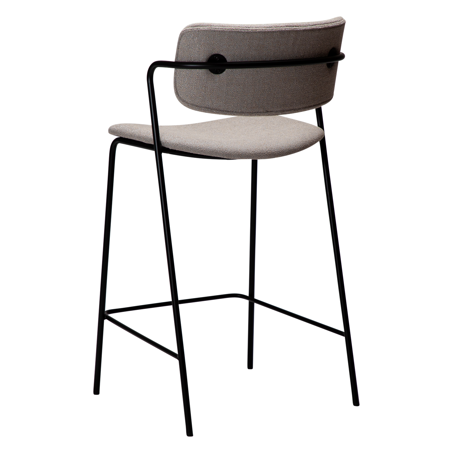 ZED counter stool upholstered in Cashmere bouclé fabric with slim black metal legs and integrated armrests, designed for modern kitchen islands and breakfast bars.