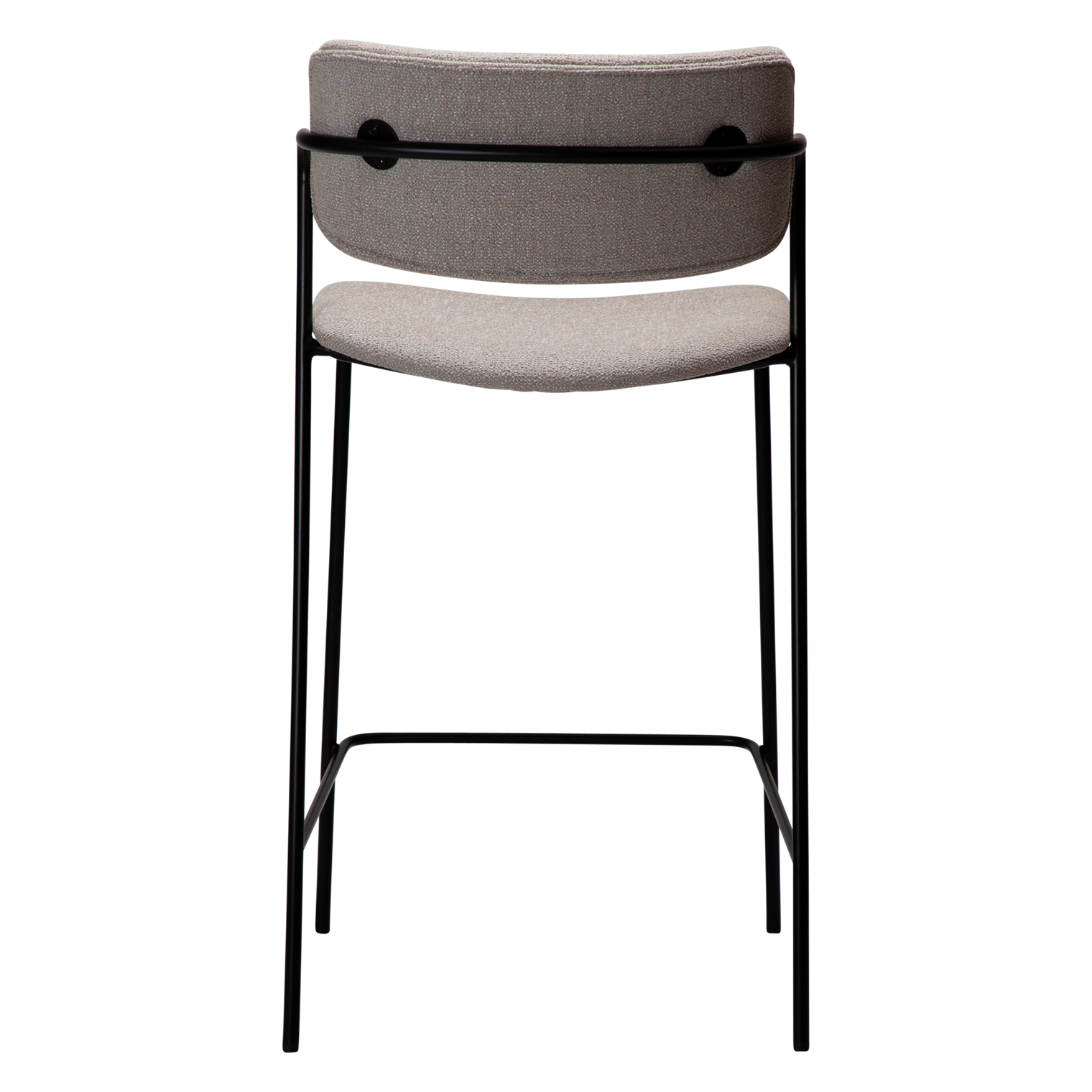 ZED counter stool upholstered in Cashmere bouclé fabric with slim black metal legs and integrated armrests, designed for modern kitchen islands and breakfast bars.