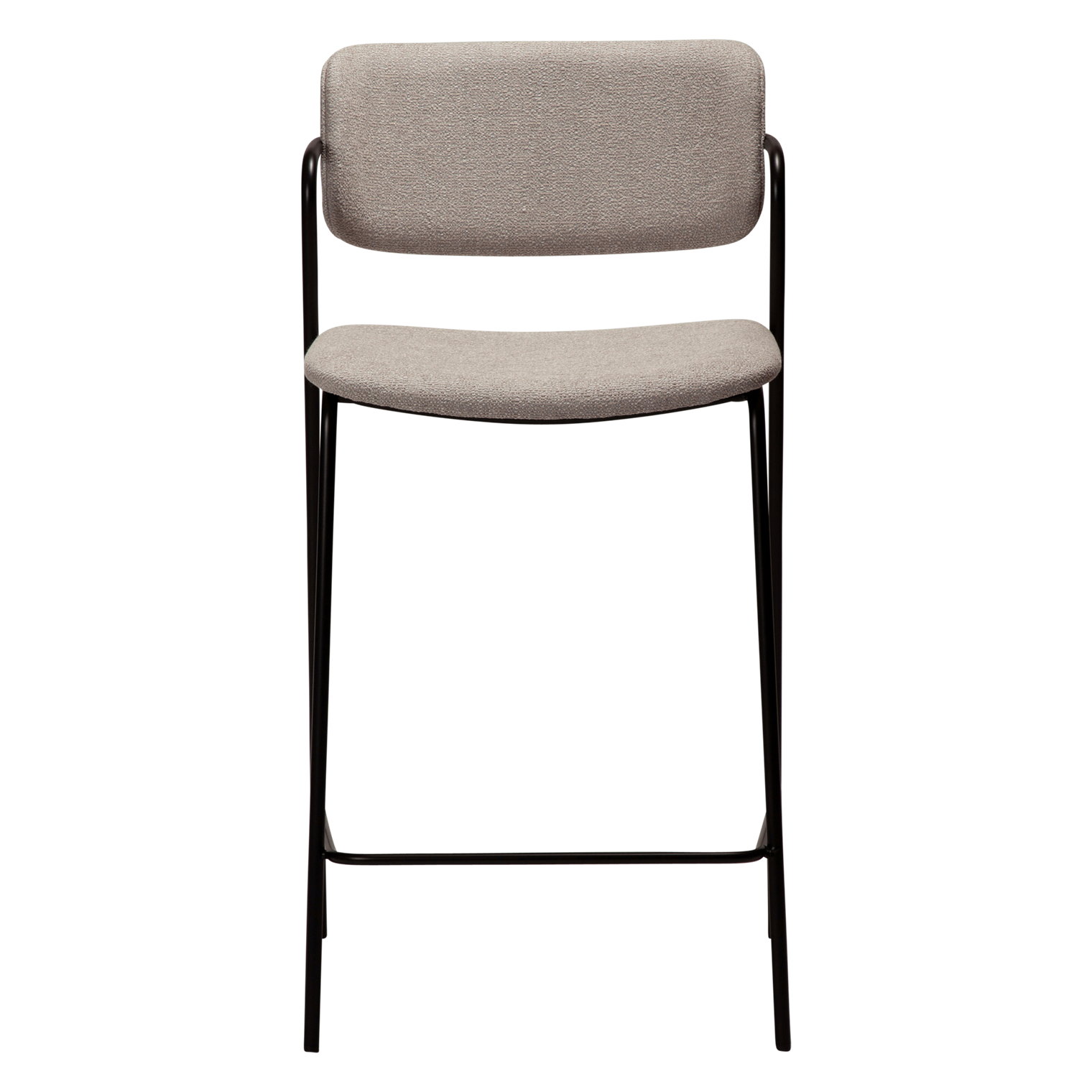 ZED counter stool upholstered in Cashmere bouclé fabric with slim black metal legs and integrated armrests, designed for modern kitchen islands and breakfast bars.