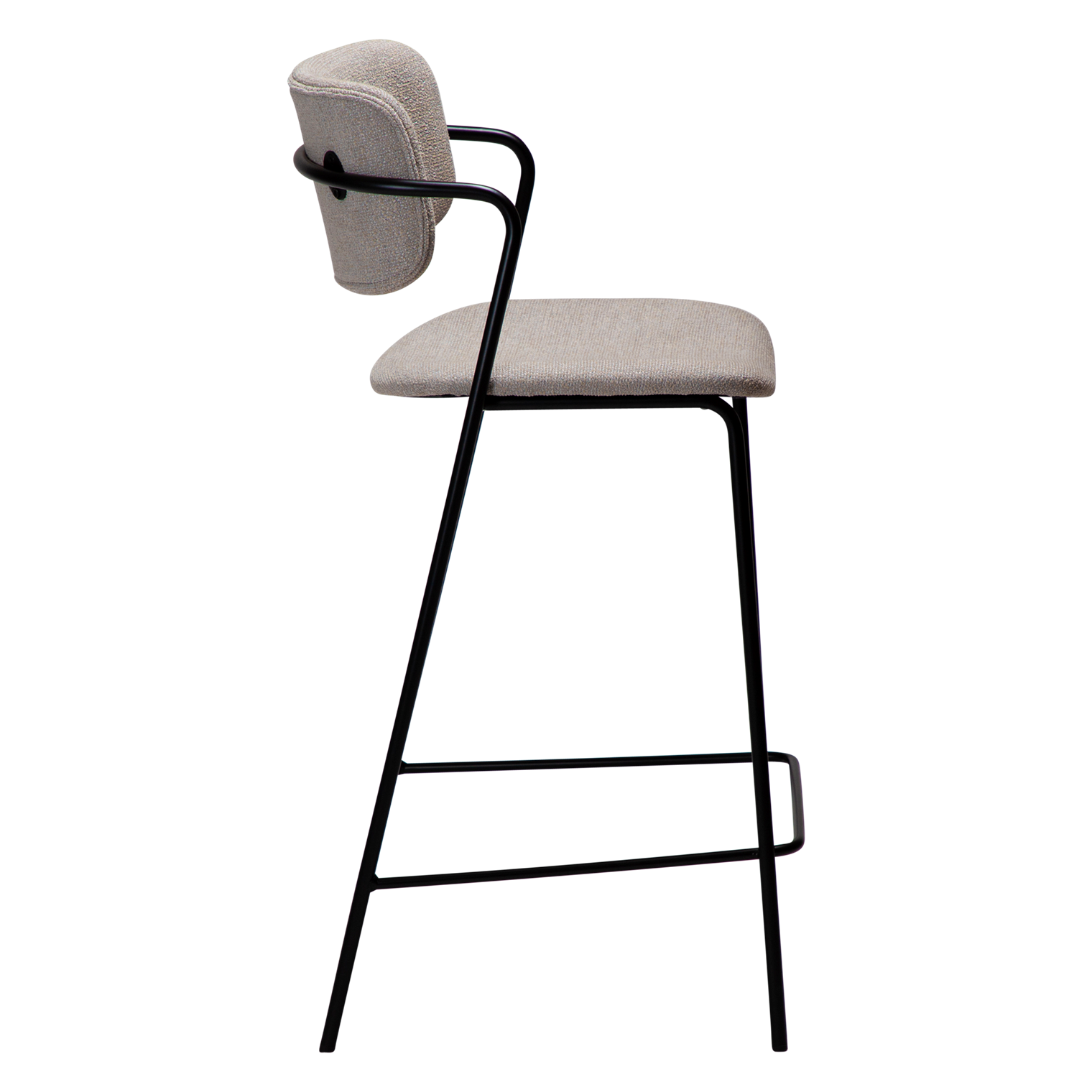 ZED counter stool upholstered in Cashmere bouclé fabric with slim black metal legs and integrated armrests, designed for modern kitchen islands and breakfast bars.