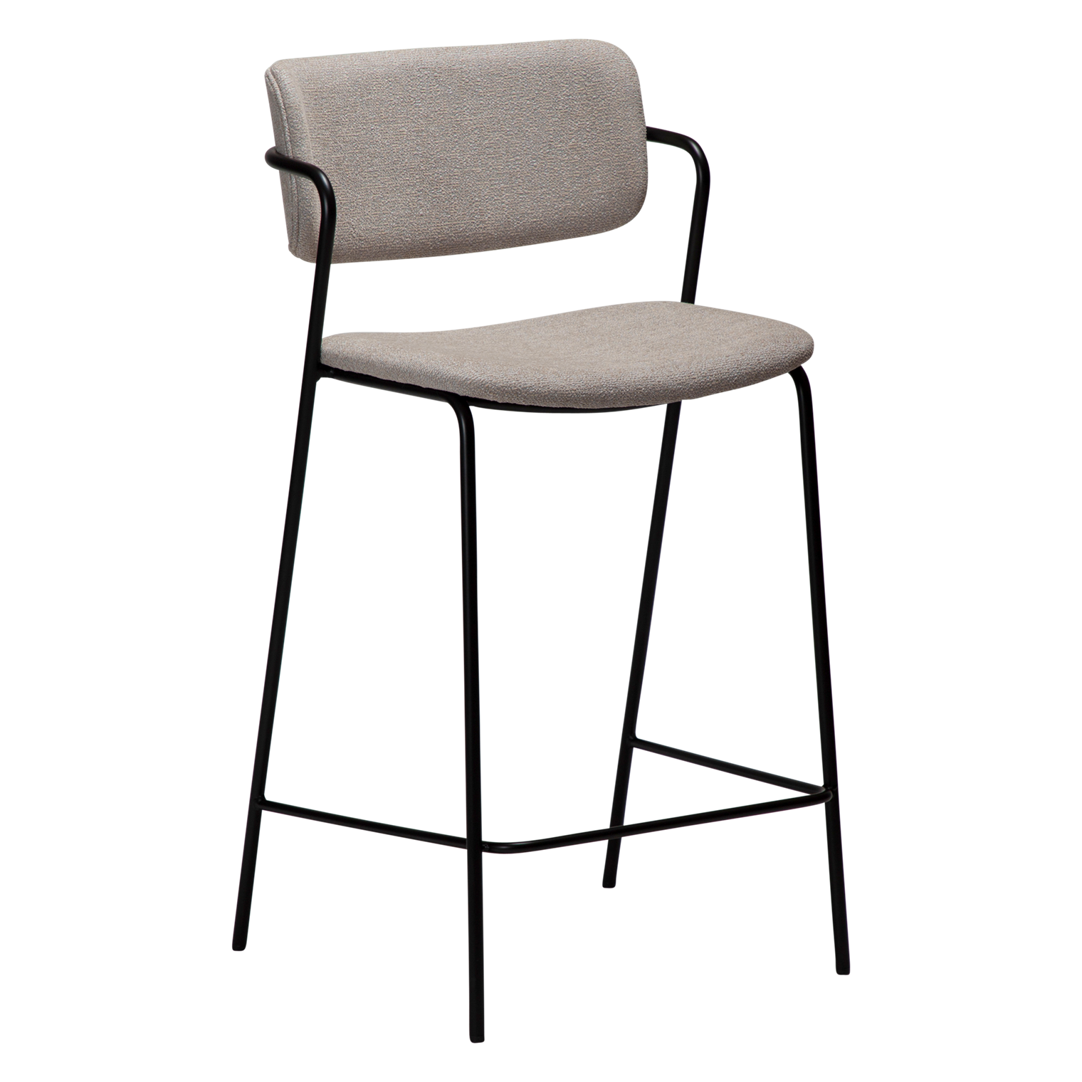ZED counter stool upholstered in Cashmere bouclé fabric with slim black metal legs and integrated armrests, designed for modern kitchen islands and breakfast bars.