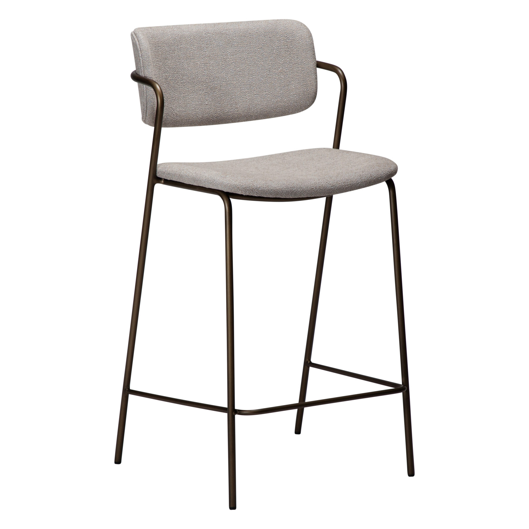 Main image of the Zed counterstool upjolstered in Cashmere Boucle fabric with anitque brass metal legs.