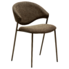 ZONE dining chair upholstered in dark olive bouclé fabric with antique pewter metal legs, featuring a sculptural Scandinavian design and curved backrest.