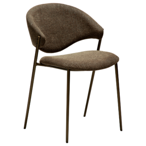 ZONE dining chair upholstered in dark olive bouclé fabric with antique pewter metal legs, featuring a sculptural Scandinavian design and curved backrest.