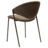 ZONE dining chair upholstered in dark olive bouclé fabric with antique pewter metal legs, featuring a sculptural Scandinavian design and curved backrest.