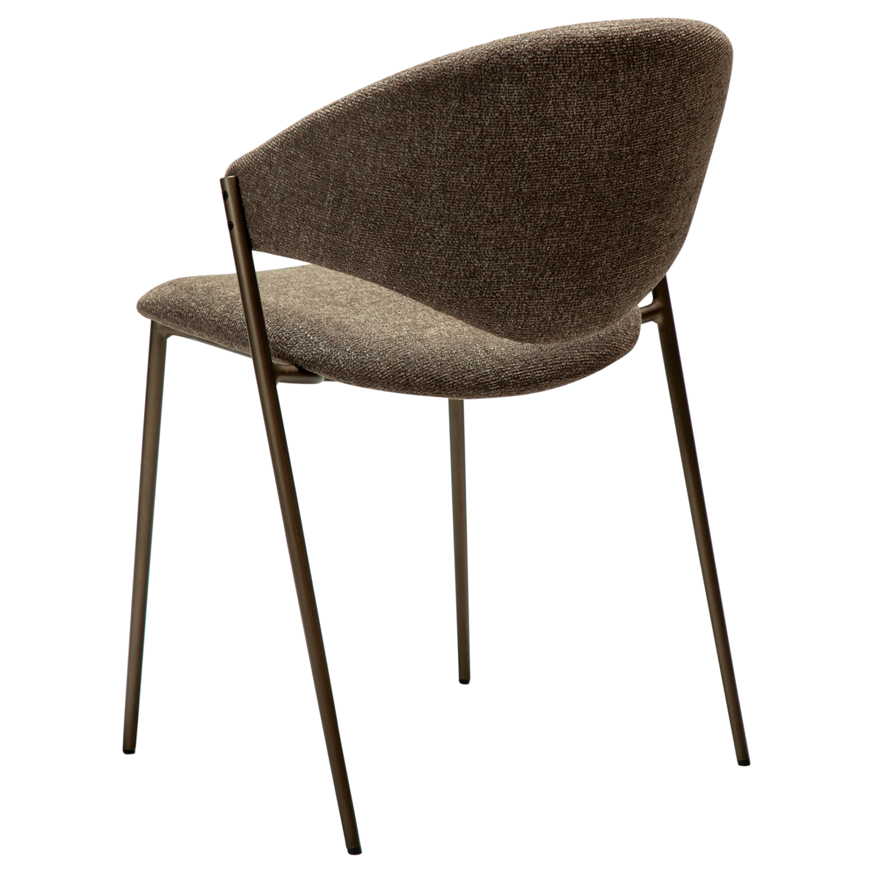 ZONE dining chair upholstered in dark olive bouclé fabric with antique pewter metal legs, featuring a sculptural Scandinavian design and curved backrest.