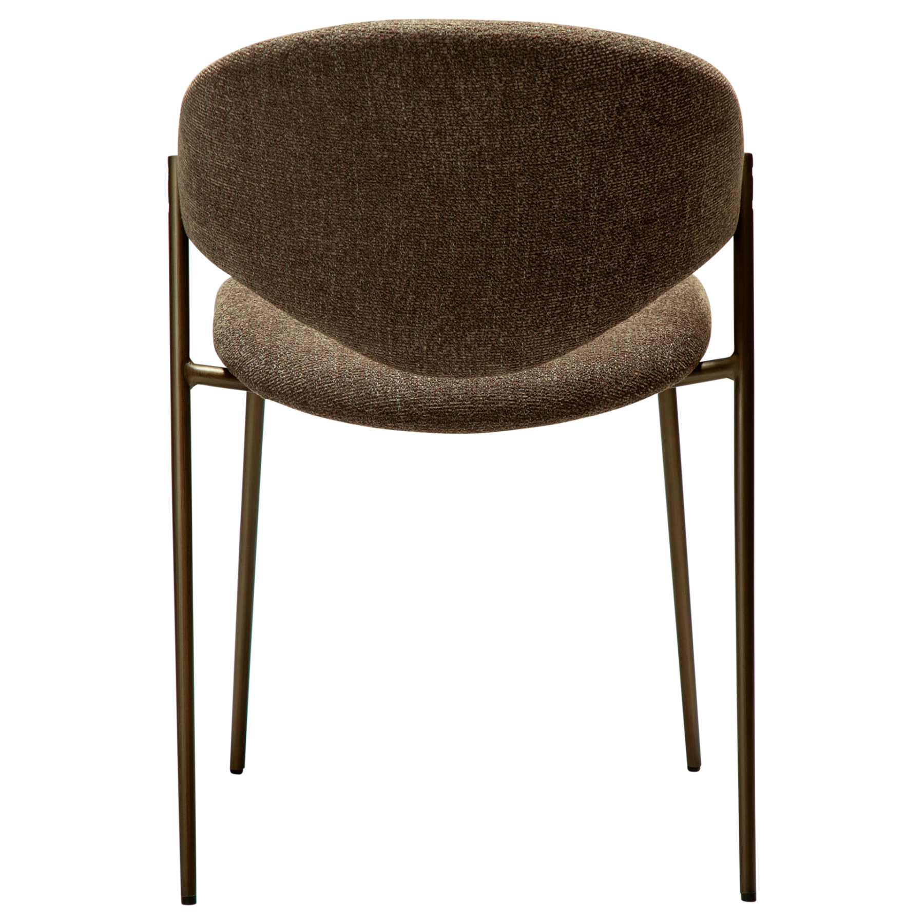 ZONE dining chair upholstered in dark olive bouclé fabric with antique pewter metal legs, featuring a sculptural Scandinavian design and curved backrest.