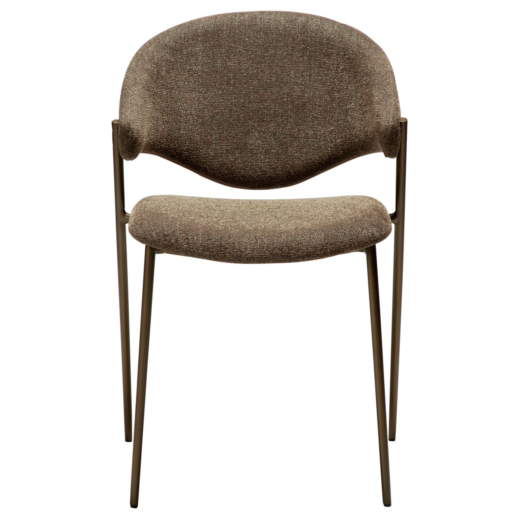 ZONE dining chair upholstered in dark olive bouclé fabric with antique pewter metal legs, featuring a sculptural Scandinavian design and curved backrest.