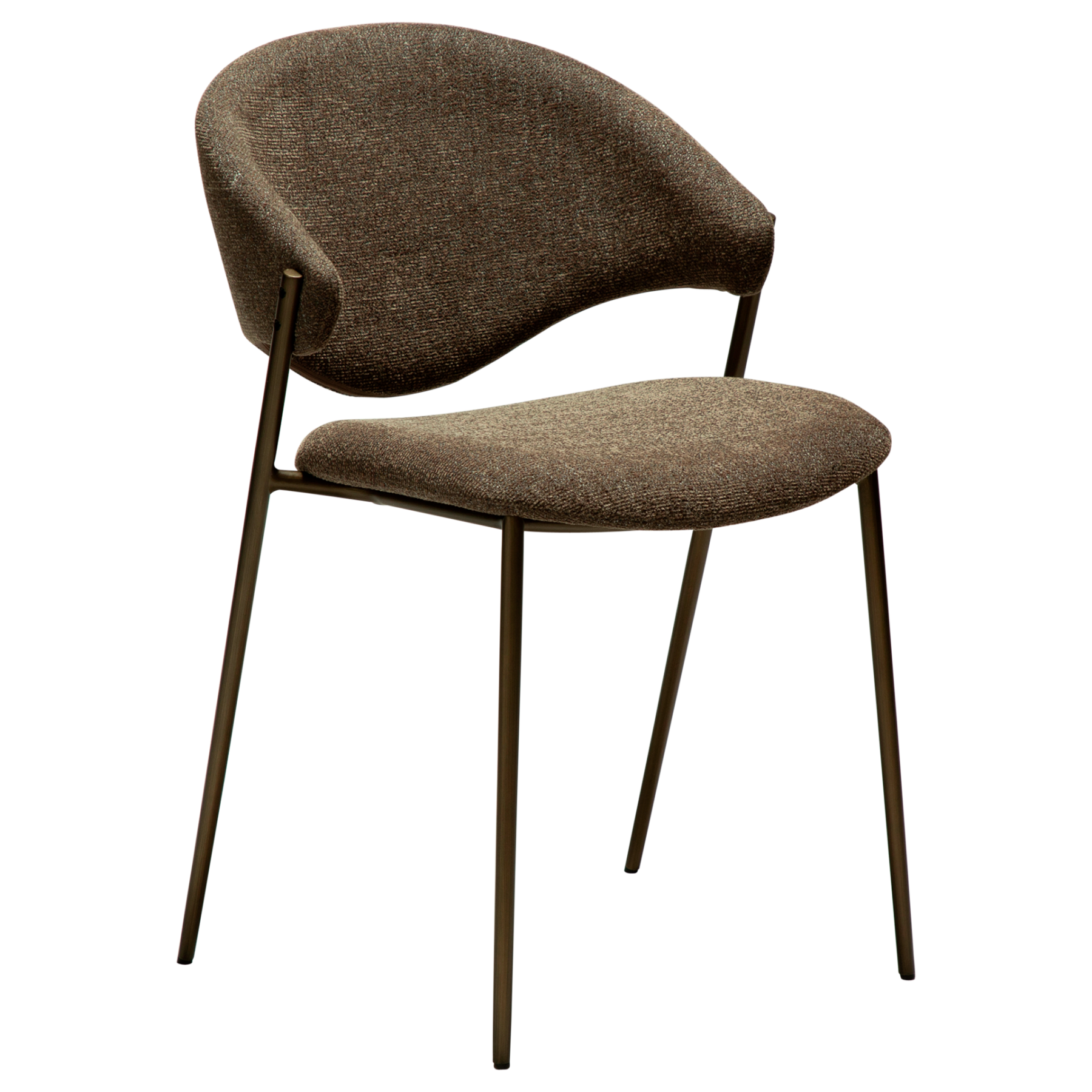ZONE dining chair upholstered in dark olive bouclé fabric with antique pewter metal legs, featuring a sculptural Scandinavian design and curved backrest.