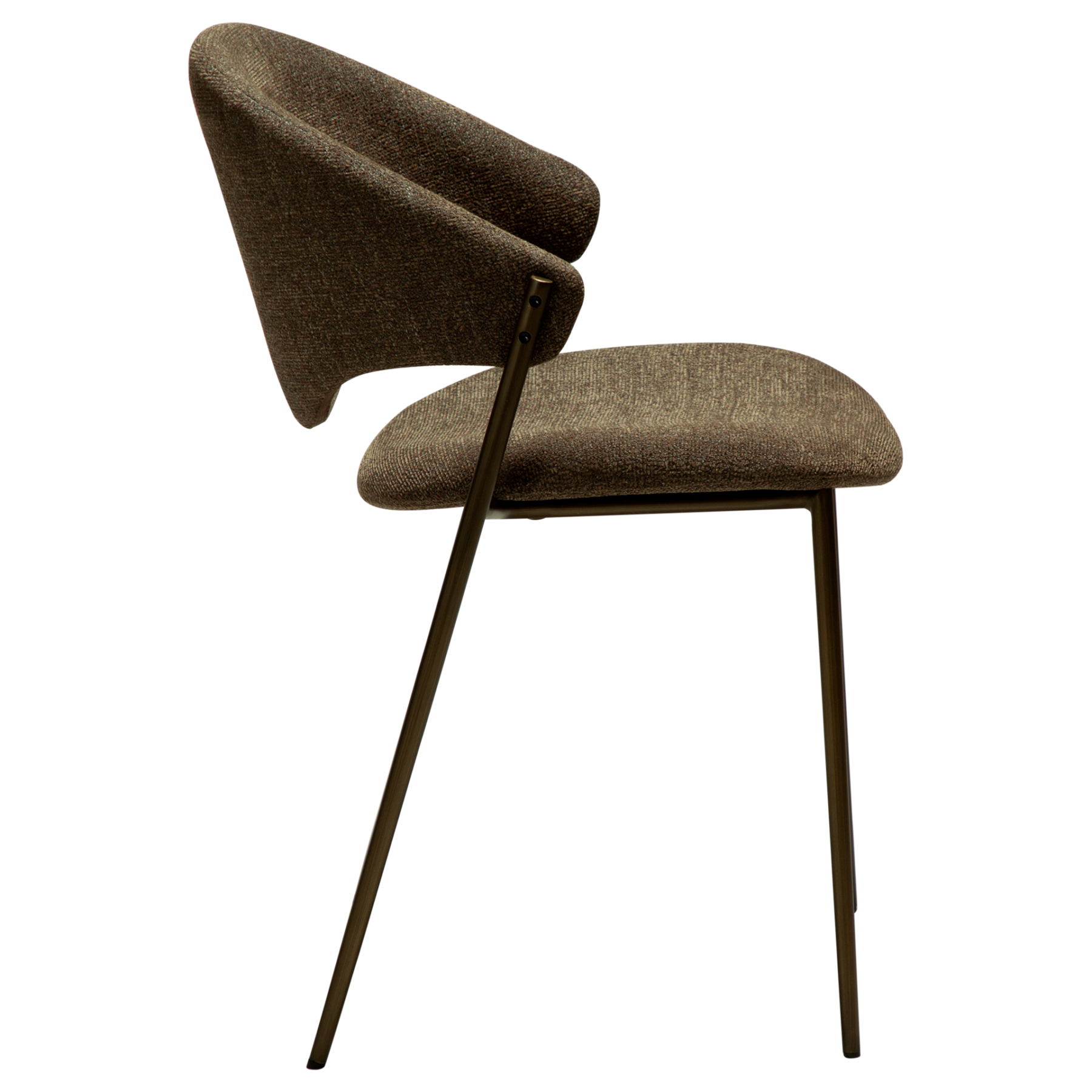 ZONE dining chair upholstered in dark olive bouclé fabric with antique pewter metal legs, featuring a sculptural Scandinavian design and curved backrest.