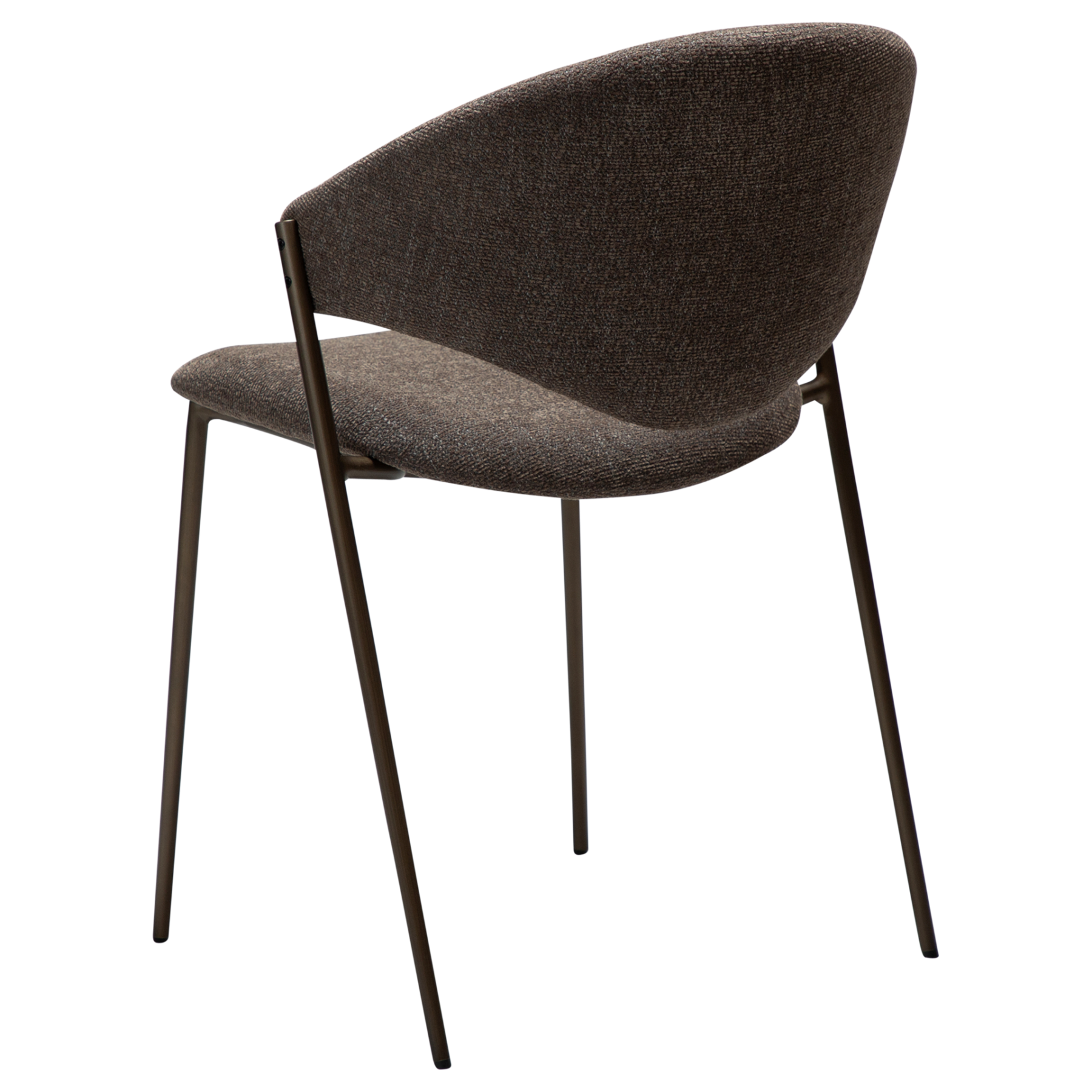 zone-dining-chair-major-brown-boucle-antique-brass-legs-angle ZONE dining chair upholstered in Major Brown bouclé fabric with antique brass legs, featuring a curved Scandinavian-inspired backrest for modern dining spaces.