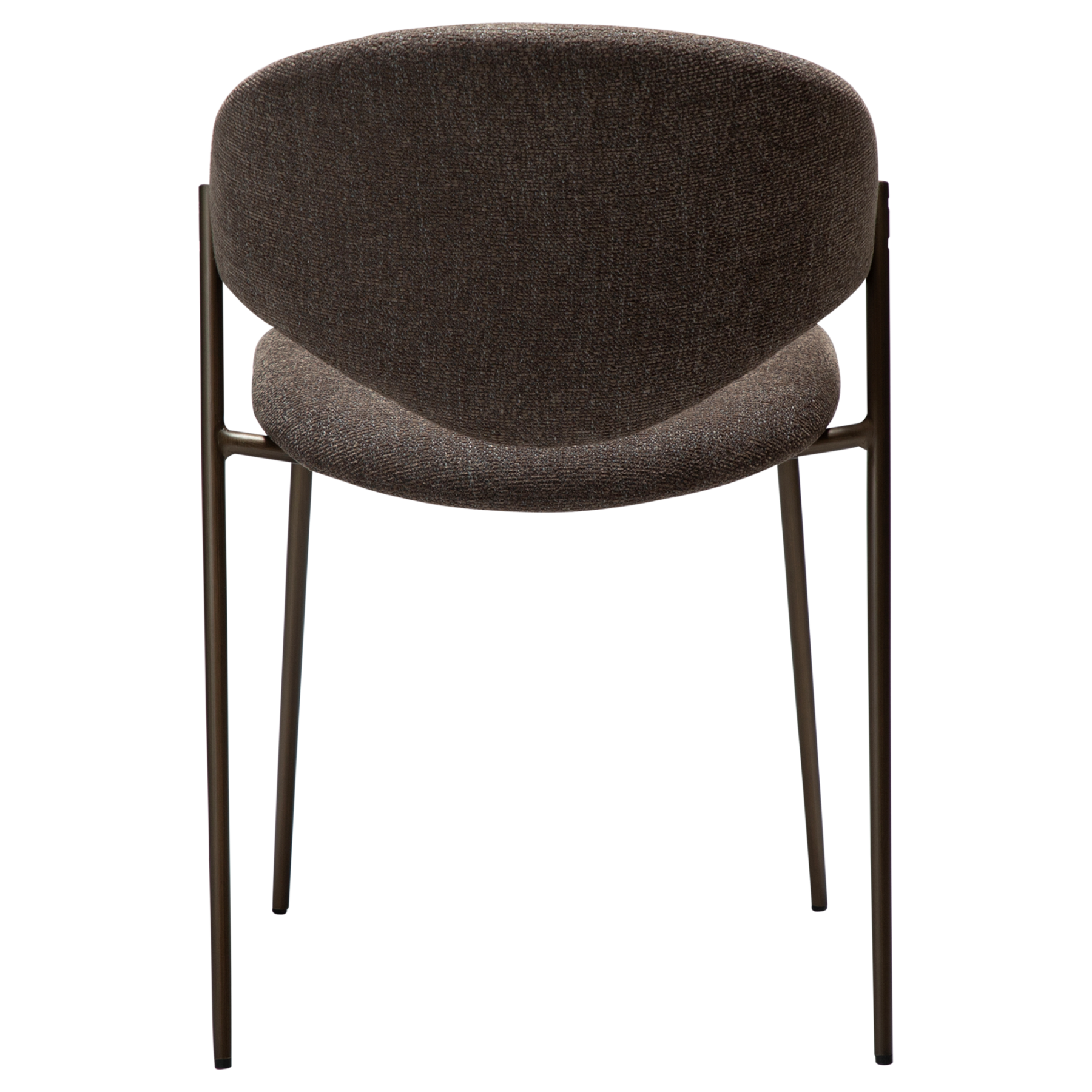 zone-dining-chair-major-brown-boucle-antique-brass-legs-back ZONE dining chair upholstered in Major Brown bouclé fabric with antique brass legs, featuring a curved Scandinavian-inspired backrest for modern dining spaces.