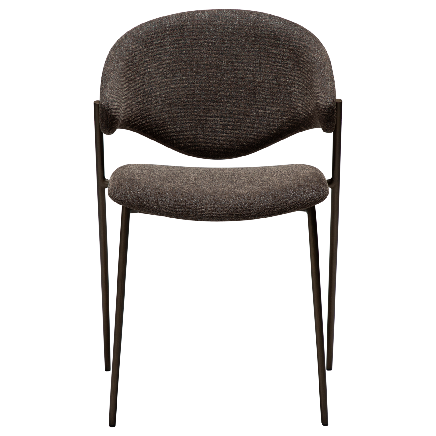 zone-dining-chair-major-brown-boucle-antique-brass-legs-front ZONE dining chair upholstered in Major Brown bouclé fabric with antique brass legs, featuring a curved Scandinavian-inspired backrest for modern dining spaces.