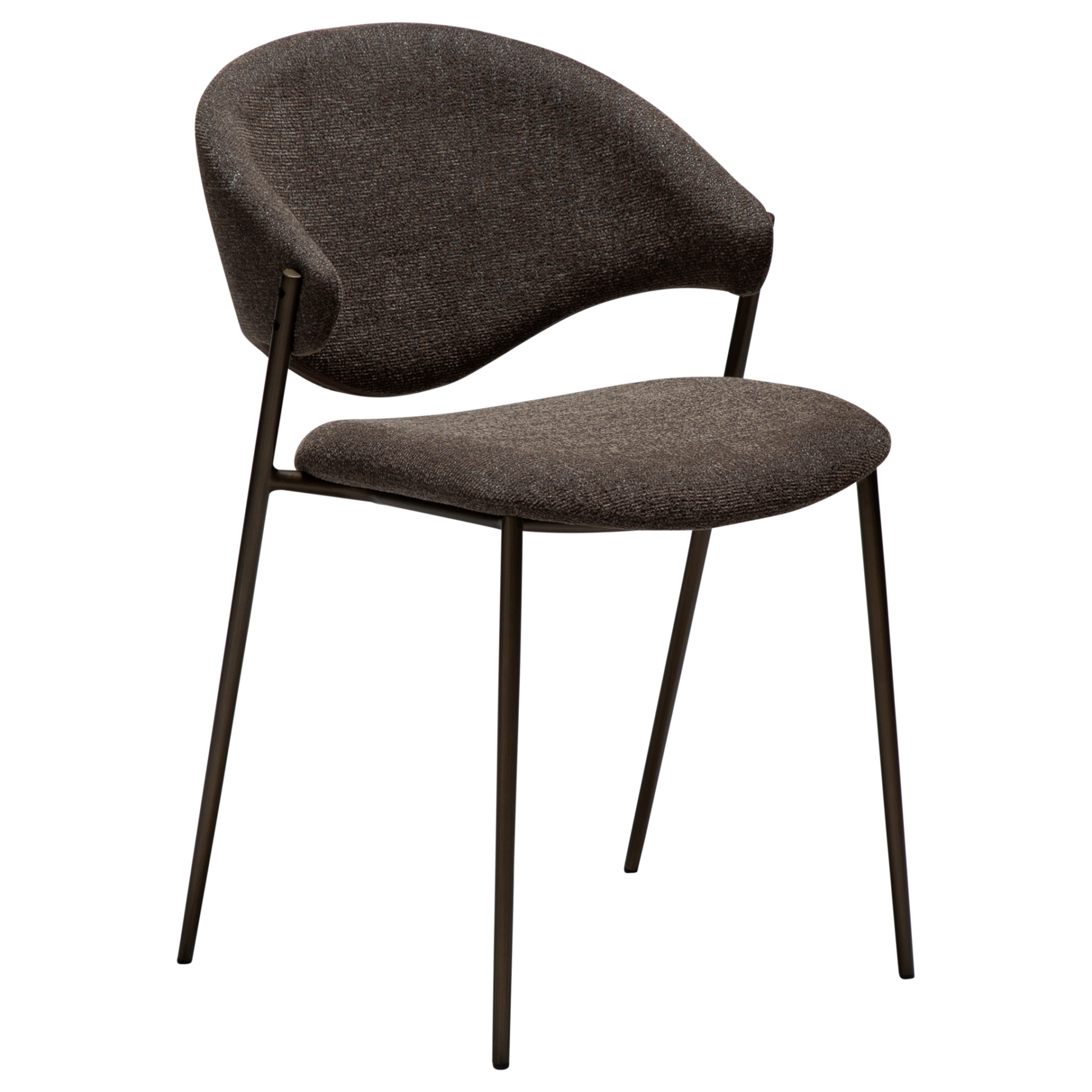 zone-dining-chair-major-brown-boucle-antique-brass-legs ZONE dining chair upholstered in Major Brown bouclé fabric with antique brass legs, featuring a curved Scandinavian-inspired backrest for modern dining spaces.