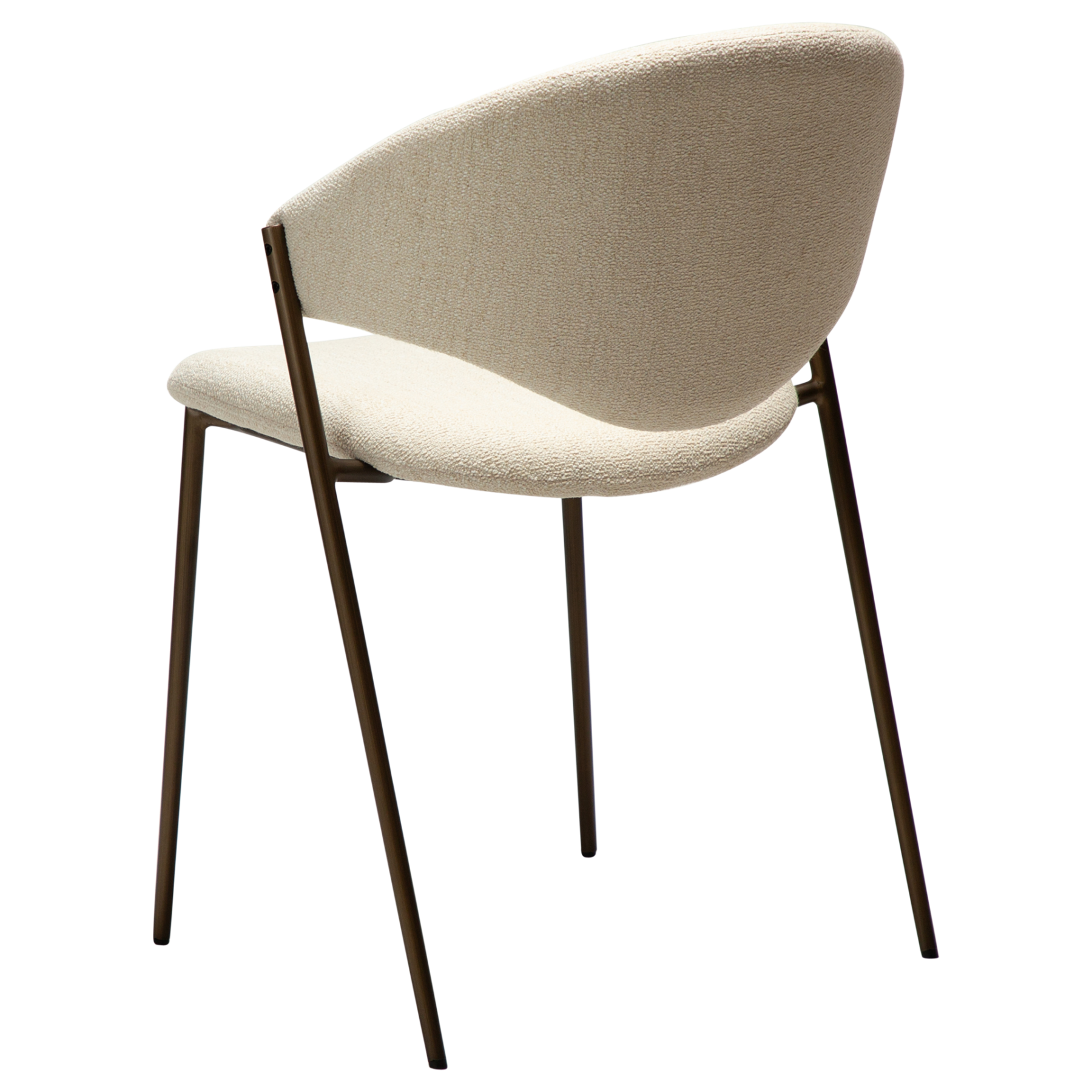 zone-dining-chair-simply-beige-boucle-antique-brass-legs-angle ZONE dining chair upholstered in Simply Beige bouclé fabric with antique brass legs, featuring a curved Scandinavian-inspired backrest for modern dining spaces.