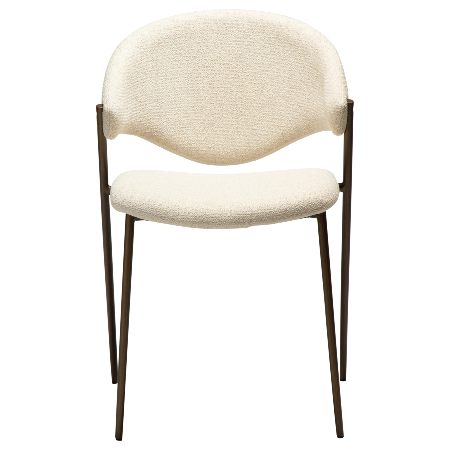 zone-dining-chair-simply-beige-boucle-antique-brass-legs-front ZONE dining chair upholstered in Simply Beige bouclé fabric with antique brass legs, featuring a curved Scandinavian-inspired backrest for modern dining spaces.