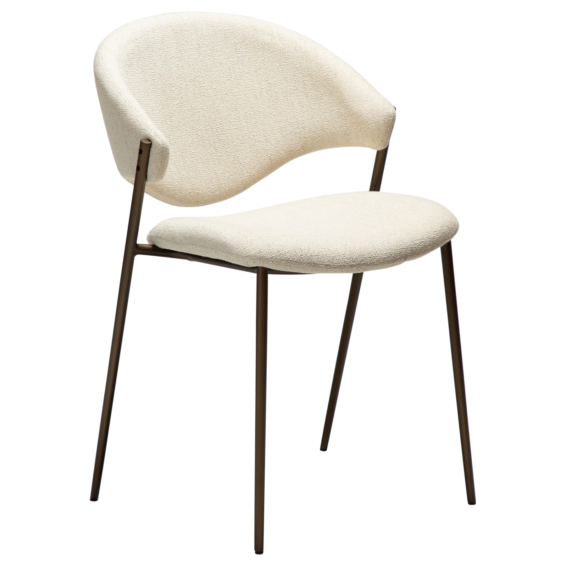 zone-dining-chair-simply-beige-boucle-antique-brass-legs ZONE dining chair upholstered in Simply Beige bouclé fabric with antique brass legs, featuring a curved Scandinavian-inspired backrest for modern dining spaces.