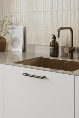 Arcade matt bronze Zamac cabinet handle for kitchen cabinets, drawers, wardrobes, and bespoke furniture.