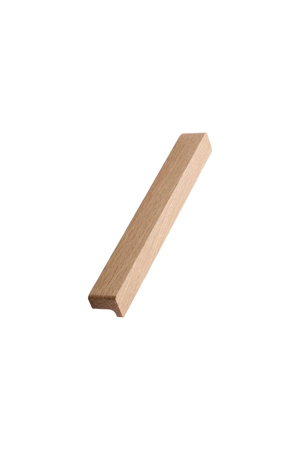 Elan FSC® 100% oak cabinet handle with a clear lacquered finish for kitchen cabinets, drawers, and bespoke furniture.