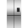 Fisher & Paykel 498L quad door refrigerator freezer with slim external water dispenser, automatic ice maker, and stainless steel finish.