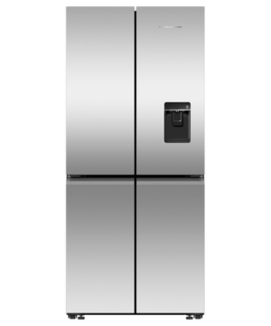 Fisher & Paykel 498L quad door refrigerator freezer with slim external water dispenser, automatic ice maker, and stainless steel finish.