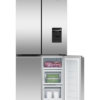Fisher & Paykel 498L quad door refrigerator freezer with slim external water dispenser, automatic ice maker, and stainless steel finish.