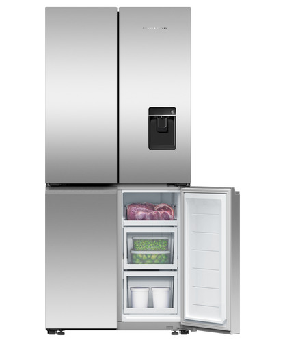 Fisher & Paykel 498L quad door refrigerator freezer with slim external water dispenser, automatic ice maker, and stainless steel finish.