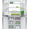 Fisher & Paykel 498L quad door refrigerator freezer with slim external water dispenser, automatic ice maker, and stainless steel finish.
