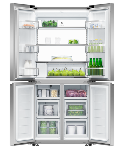 Fisher & Paykel 498L quad door refrigerator freezer with slim external water dispenser, automatic ice maker, and stainless steel finish.
