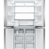 Fisher & Paykel 498L quad door refrigerator freezer with slim external water dispenser, automatic ice maker, and stainless steel finish.