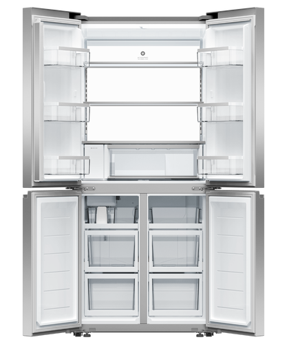 Fisher & Paykel 498L quad door refrigerator freezer with slim external water dispenser, automatic ice maker, and stainless steel finish.